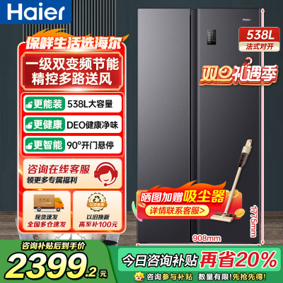 海尔(Haier)538升对开门嵌入冰箱 一级双变频节能 精控多路送风 智+魔方视窗 BCD-538WGHSSEDB9