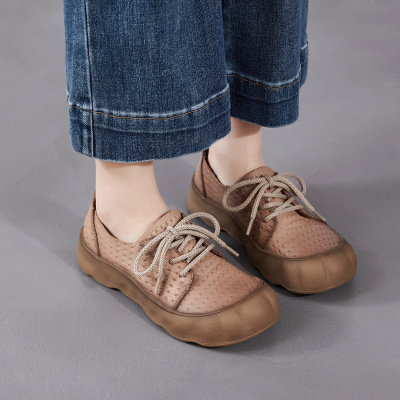 编织压花复古系带单鞋2026年春季新款舒适休闲平软底真皮丑萌女鞋