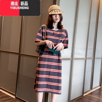 YIBUSHENG短袖连衣裙女2024新款大码宽松条纹中长款过膝开叉t恤裙子