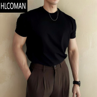 HLCOMAN夏季2025新款韩版正肩短袖T恤男士上衣潮流圆领修身百搭纯色t恤衫