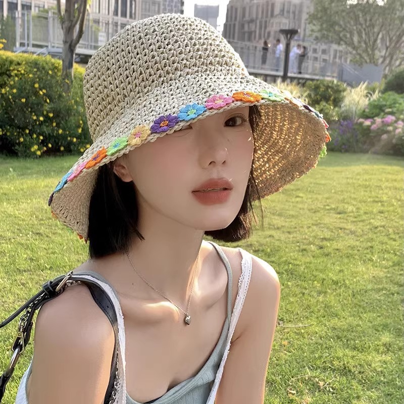 花朵草编渔夫帽女夏季透气遮阳防晒帽水桶帽日系小清新显脸小草帽