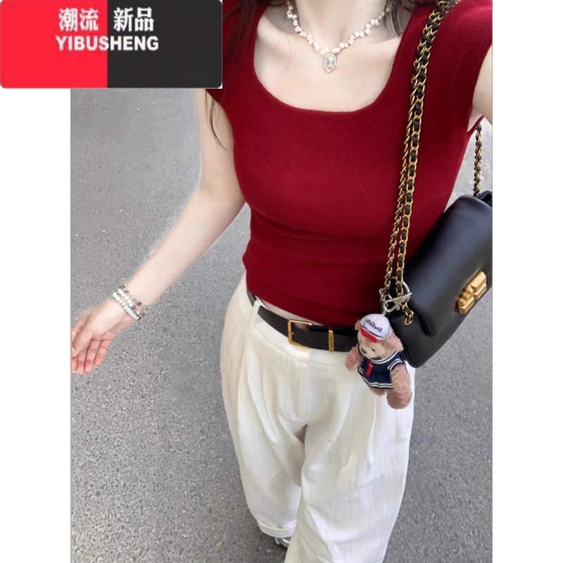 YIBUSHENG美式辣妹方领短袖t恤女字母印花修身短款红色体恤百搭上衣