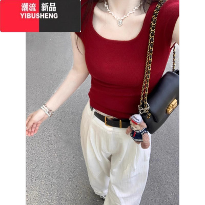 YIBUSHENG美式辣妹方领短袖t恤女字母印花修身短款红色体恤百搭上衣