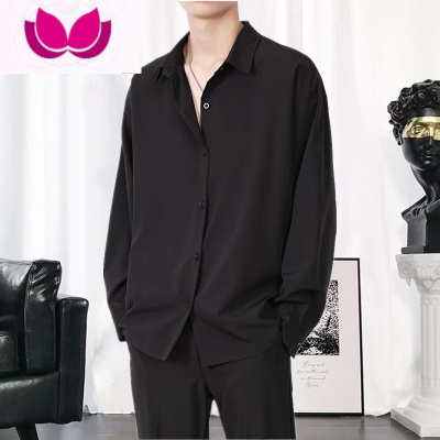 七斓港风衬衫男黑色痞帅潮流长袖宽松休闲高级垂感免烫衬衣外套