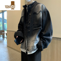 YANXU美式痞帅毛边设计感牛仔外套男款水洗做旧渐变色复古秋款工装夹克