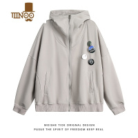 YANXUMOISHE TIDE美式街头拉链连帽开衫卫衣男女宽松百搭休闲灰色外套