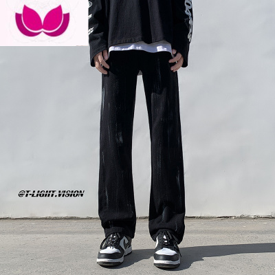 七斓喷墨牛仔裤男款春季潮流ins修身高街直筒裤百搭潮牌美式大码裤子