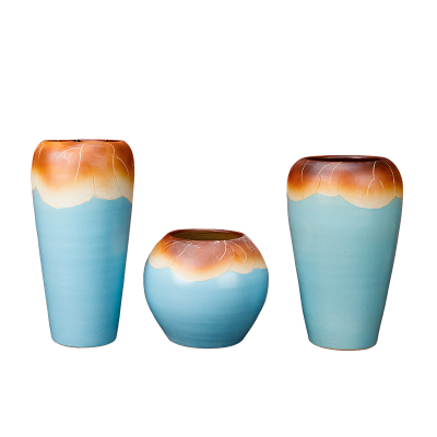 艺锦蓝国产景德镇地中海现代中式雕刻陶瓷三件套花瓶花插样板间家居饰品装饰瓷瓶摆件款式三