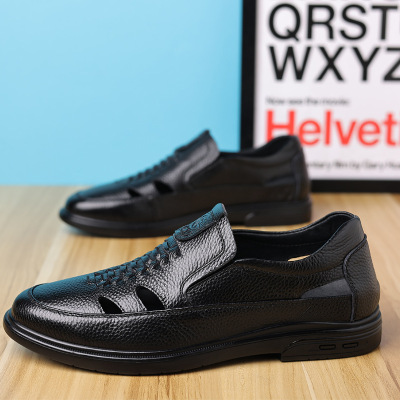 2026夏季新款真皮凉鞋男头层牛皮棕色大码爸爸鞋中老年镂空洞洞鞋