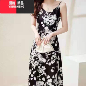 YIBUSHENG2024新款连衣裙女季白色碎花吊带长裙性感大码百搭雪纺连衣裙女
