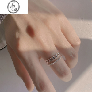 JiMi925银银镂空双层戒指轻奢小众时尚个性ins潮开口戒子食指戒冷淡风 时尚双层开口戒通体S925银