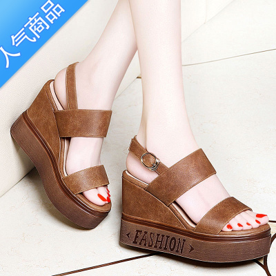 SUNTEK坡跟凉鞋女2023年新款轻便厚底增高小个子夏款一字带防水台高跟鞋