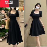 YIBUSHENG大码复古赫本风小黑裙法式方领连衣裙女季温柔胖MM遮肉显瘦裙子