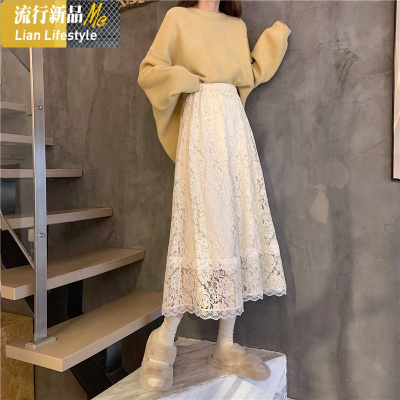 暖青汇蕾丝冬裙女半身裙冬天配毛衣高腰显瘦气质中长款裙子仙女超仙森系