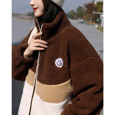 [2.5折价129.9元,叠加优惠券]唐狮冬季外套女新款韩版仿羊羔绒立领拼接开衫宽松气质百搭