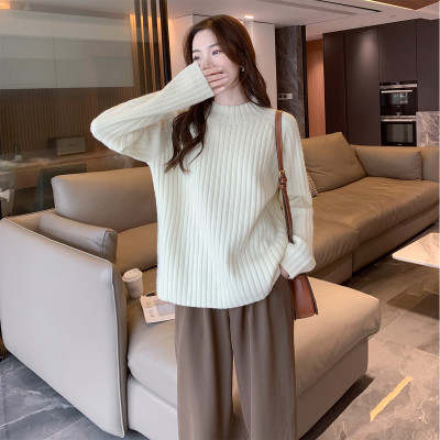 [1折价46.9元,叠加优惠券]春季毛衣女宽松半高领坑条肌理感净色毛衫百搭气质