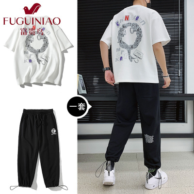 富贵鸟(FUGUINIAO)运动套装男2021春夏季新款短袖t恤夏季帅气潮流韩版搭配休闲一套