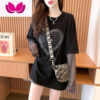七斓短袖T恤女夏季宽松设计感蕾丝袖拼接长袖服假上衣潮