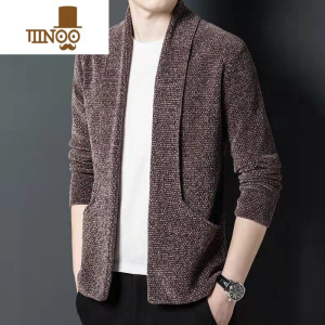 YANXU针织开衫男士款针织上衣外穿翻领雪尼尔休闲外套男