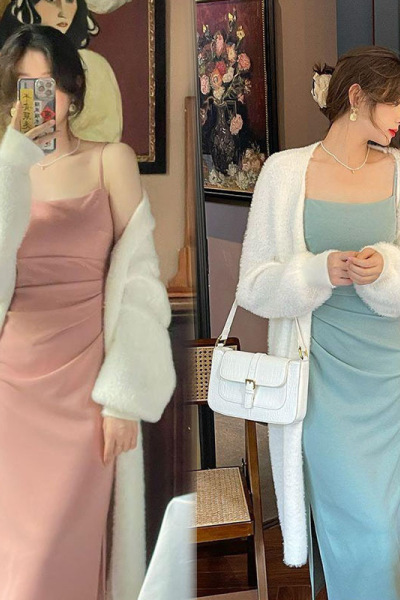 女秋季新款纯欲挂脖小众吊带裙带气质高级性感连衣裙两件套开衫