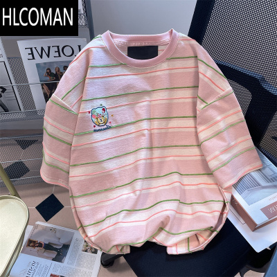 HLCOMAN粉色甜美可爱小熊刺绣条纹短袖t恤男女夏小个子正肩显瘦减龄上衣