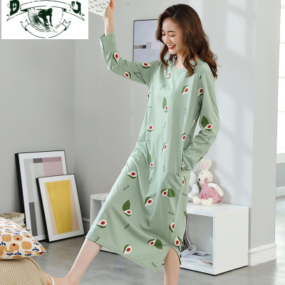 HLCOMAN长袖睡裙女棉春秋中长款棉宽松韩版甜美连衣裙可外穿大码睡衣