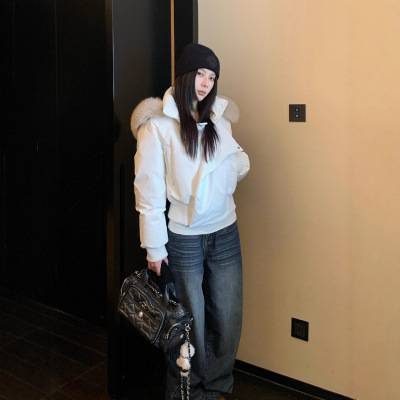 冰岛时分狐狸毛领白色短款羽绒服女冬季加厚连帽时尚外套网红同款