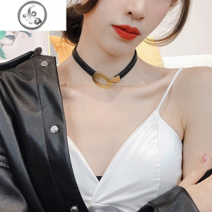 欧美简约气质金属扣项圈皮质锁骨链choker颈带脖子饰品短款项链女 JiMi 金属圆扣皮项链