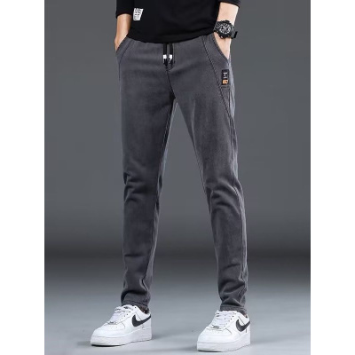秋季牛仔长裤子男士新款松紧腰薄款显高修身小脚型休闲裤