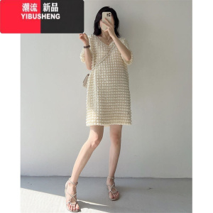 YIBUSHENG大码女装300斤小众设计感V领连衣裙胖mm宽松短袖中长款显瘦裙子