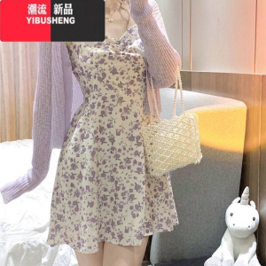 YIBUSHENG224新款小个子法式雪纺短裙紫色碎花吊带连衣裙开衫两件套装女