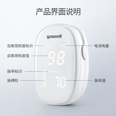 鱼跃(YUWELL)指脉指尖指夹式脉搏血氧仪血氧饱和度医用家用监测仪手指检测仪夹子测心率仪指夹式血氧仪YX102白色