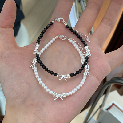 s925纯银黑尖晶蝴蝶结手链女款韩系时髦珍珠手饰高级感配饰潮送女朋友老婆情人节七夕生日礼物