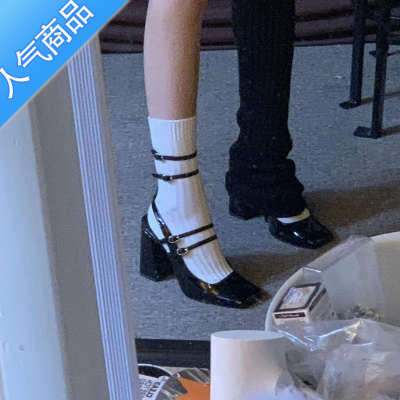 SUNTEK法式~玛丽珍鞋女2023新款方头一字带粗跟高跟鞋黑色百搭包头凉鞋