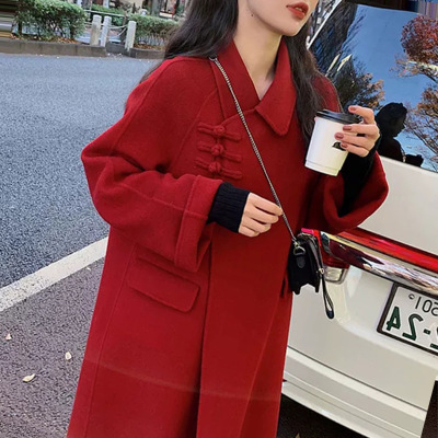 FISHBASKET红色冬季毛呢外套女中长款小个子过膝宽松加厚圣诞红日系呢子大衣毛呢外套