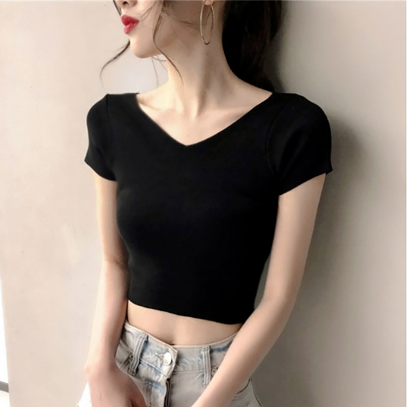 夏季修身显瘦韩版前后v领打底衫女紧身短袖T恤女纯色短款上衣