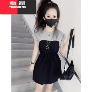 YIBUSHENG小个子连衣裙女季新款韩版遮肉显瘦拼色收腰抽绳高级感洋气短裙