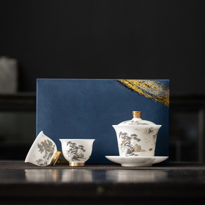 苏氏陶瓷(SUSHI CERAMICS)素烧羊脂玉瓷翠山迎客一碗两杯国家一级技师王文克老师作品