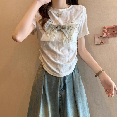 韩版夏季新款复古收腰显瘦破洞上衣MM蝴蝶结设计感正肩袖针织衫女