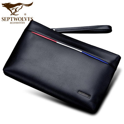 七匹狼男包头层牛皮男士手包真皮软皮手拿包男商务大容量手抓包休闲商务手拿包拉链款黑色