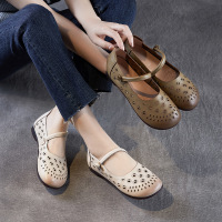 春夏新款镂空透气单鞋女士中粗跟一字扣带复古浅口百搭小皮鞋