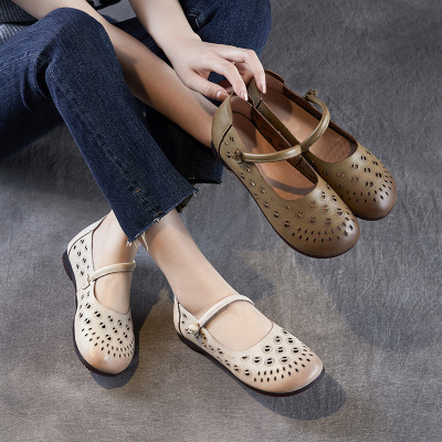 春夏新款镂空透气单鞋女士中粗跟一字扣带复古浅口百搭小皮鞋
