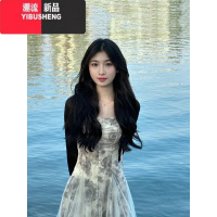 YIBUSHENG法式复古茶歇水墨画网纱连衣裙女季新款韩系小众高腰显瘦吊带裙