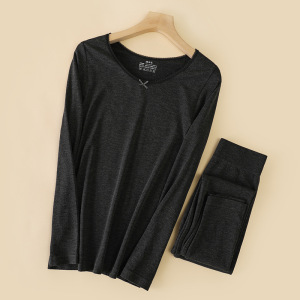 秋冬绵羊毛发热保暖内衣女薄款圆领紧身美体秋衣秋裤保暖套装