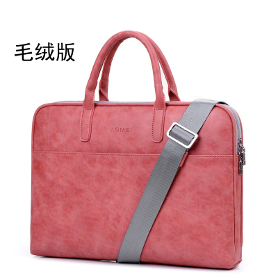 休旅J.QMEI时尚简约皮质电脑包13寸防水单肩笔记本包毛绒版红色