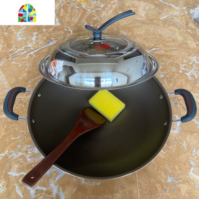 炒锅不粘锅双耳圆底炒锅无油烟家用炒菜锅不生锈燃气灶适用 FENGHOU 38cm套装3D平底+硅胶铲+赠品