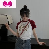 七斓拼色插肩短袖T恤2023年春季新款女装别致修身抽绳字母印花上衣潮