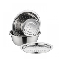 不锈钢盆洗菜沥水篮土豆切片萝卜擦切丝器烘培淘米沥水盆多功能切菜器 敬平 28cm三件套刨切丝器盘+沥水+钢盆