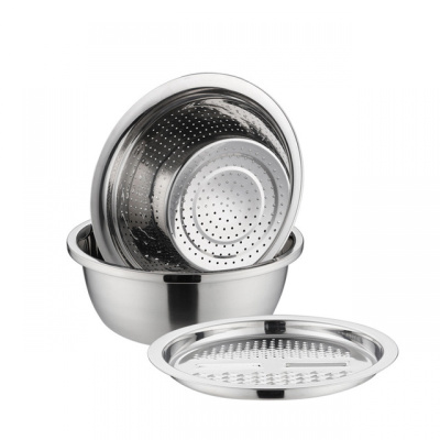 不锈钢盆洗菜沥水篮土豆切片萝卜擦切丝器烘培淘米沥水盆多功能切菜器 敬平 28cm三件套刨切丝器盘+沥水+钢盆
