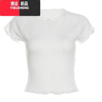 YIBUSHENG美式辣妹简约纯色蝴蝶结短袖T恤女气质显瘦修身木耳边上衣